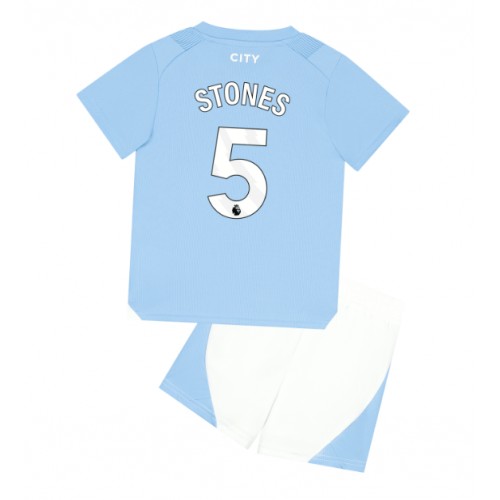 Otroški Nogometni dresi Manchester City John Stones #5 Domači 2023-24 Kratek Rokav (+ Kratke hlače)